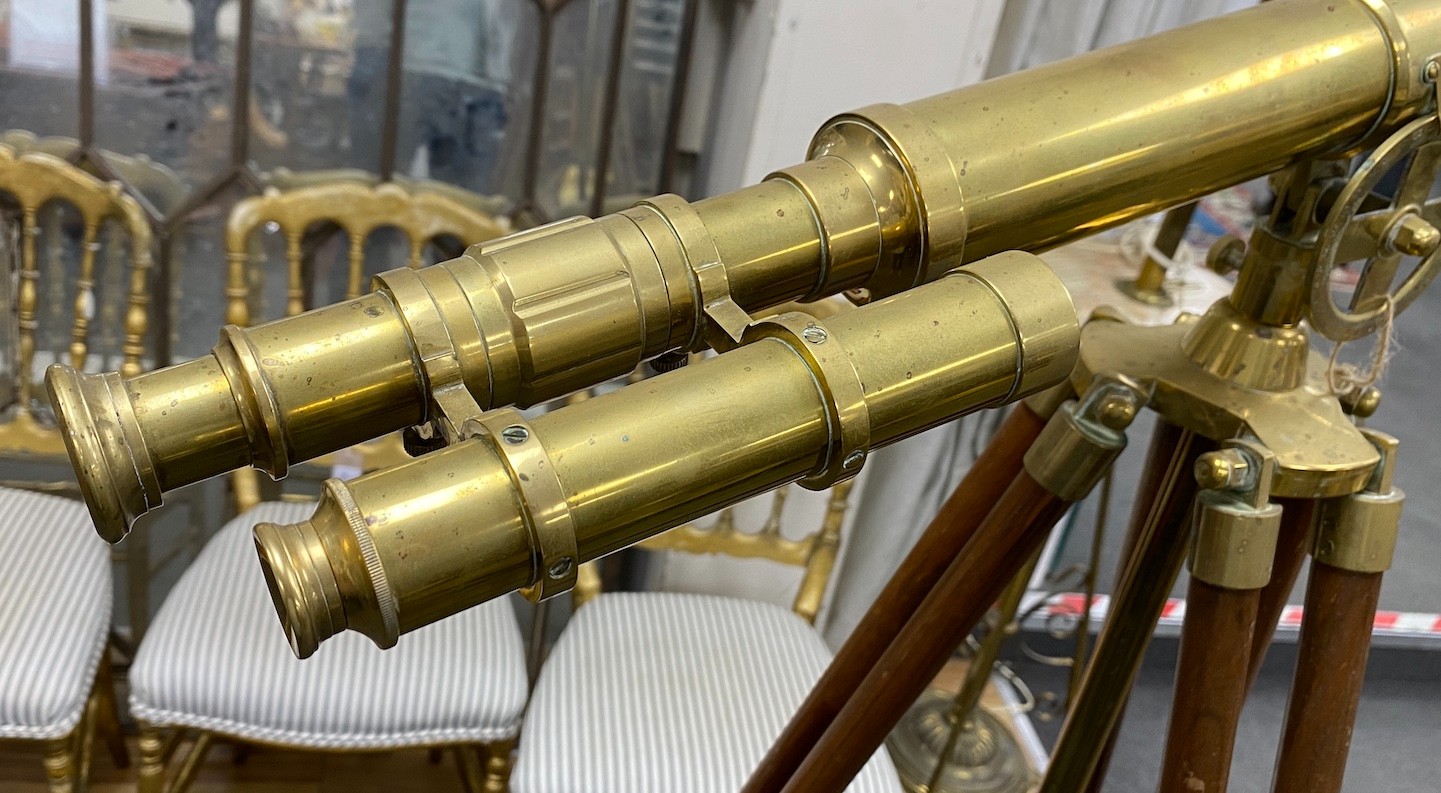 A Victorian style brass telescope on folding tripod, telescope length 71cm